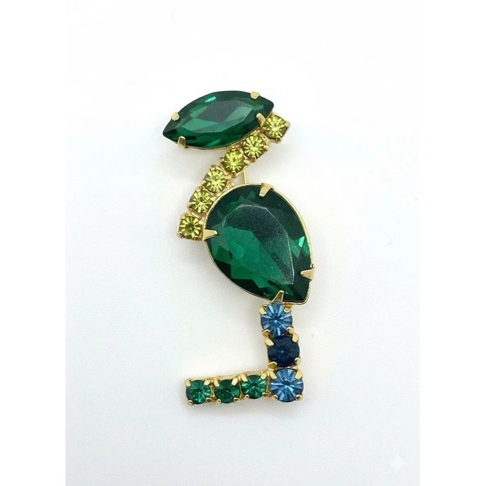 Vintage Style Rhinestone Flamingo Brooch Pin Green Gold Blue